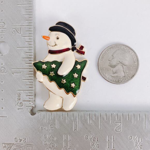 VTG Signed TC Christmas Snowman Enamel Gold Tone Brooch Pin Nostalgic Festive - Picture 9 of 9